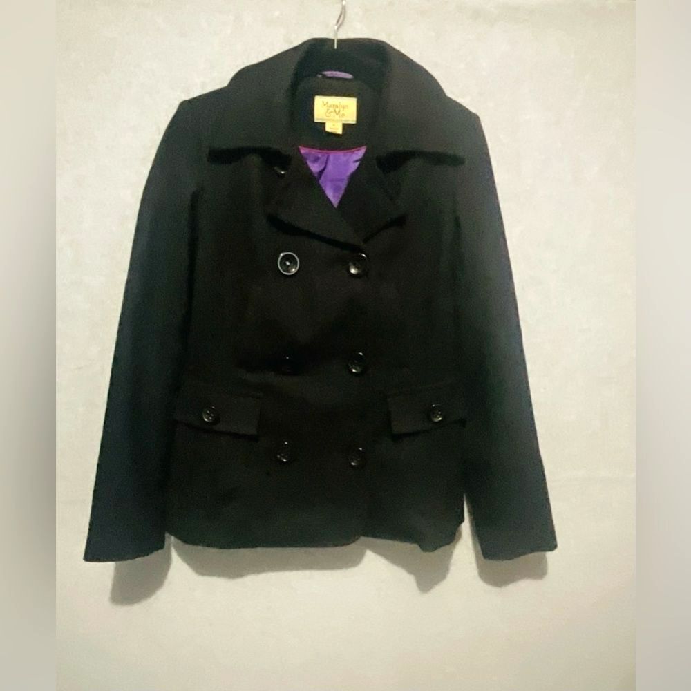 Maralyn & Me Black Double-Breasted Peacoat with Purple Lining Sz S